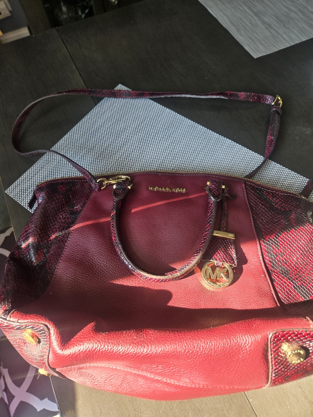 Michael Kors Burgundy Leather Satchel with Snake-Texture Accents